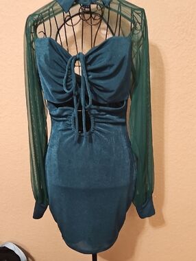 privy Teal Cutout Mini Dress with Sheer Green Sleeves